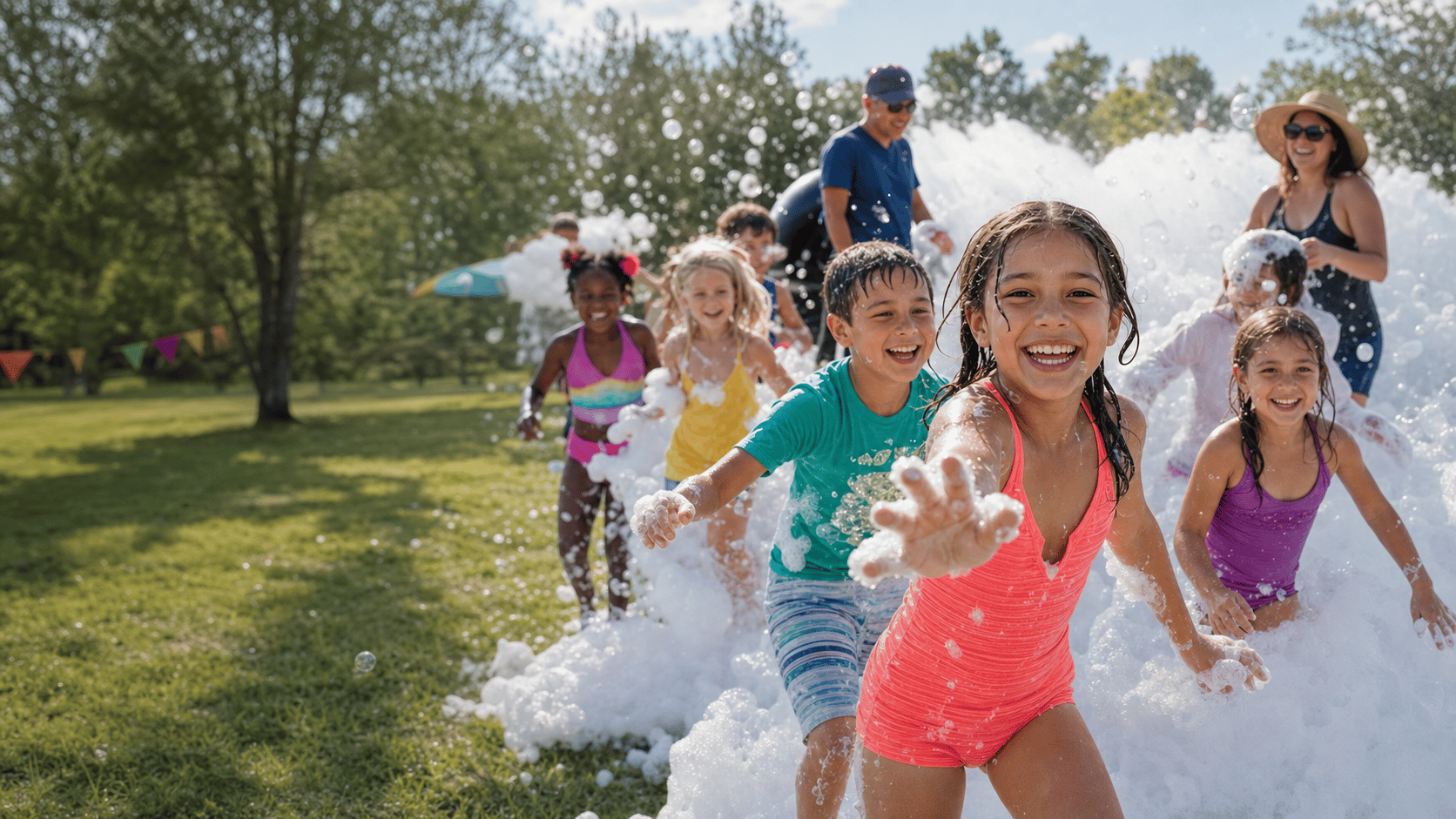 Children running and laughing through a Party Troupe foam party outdoors